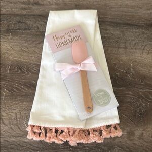 2-Chic White Tasseled Towel with Pink Spatula & Notepad